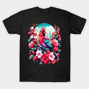 Cute Northern Cardinal Surrounded by Vibrant Spring Flowers T-Shirt